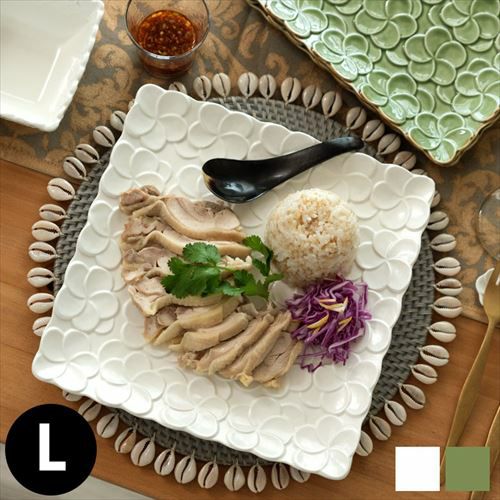 長角皿 プルメリアモチーフ Mサイズ 25.7cm×12.1cm ホワイト グリーン