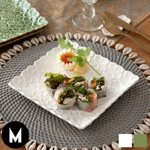 スクエアプレート プルメリアモチーフ Mサイズ 17.8cm角 ホワイト 陶器