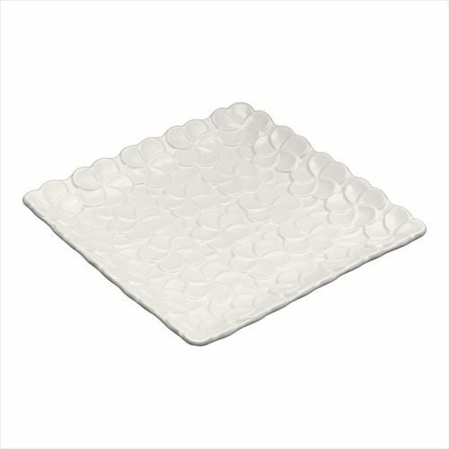 スクエアプレート プルメリアモチーフ Mサイズ 17.8cm角 ホワイト 陶器