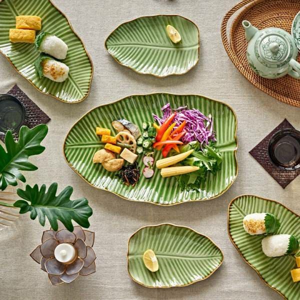 プレート バナナリーフ柄 Sサイズ 全長19cm グリーン 陶器製 食器