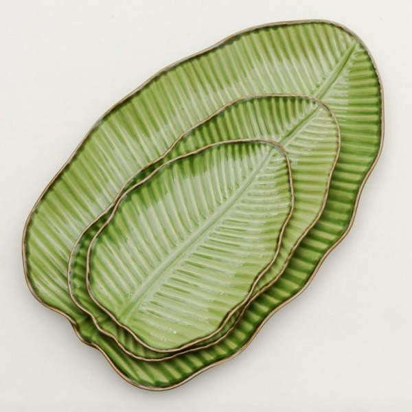 プレート バナナリーフ柄 Mサイズ 全長25.5cm グリーン 陶器製 食器
