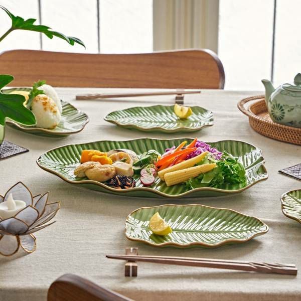 プレート バナナリーフ柄 Lサイズ 全長33.9cm グリーン 陶器製 食器