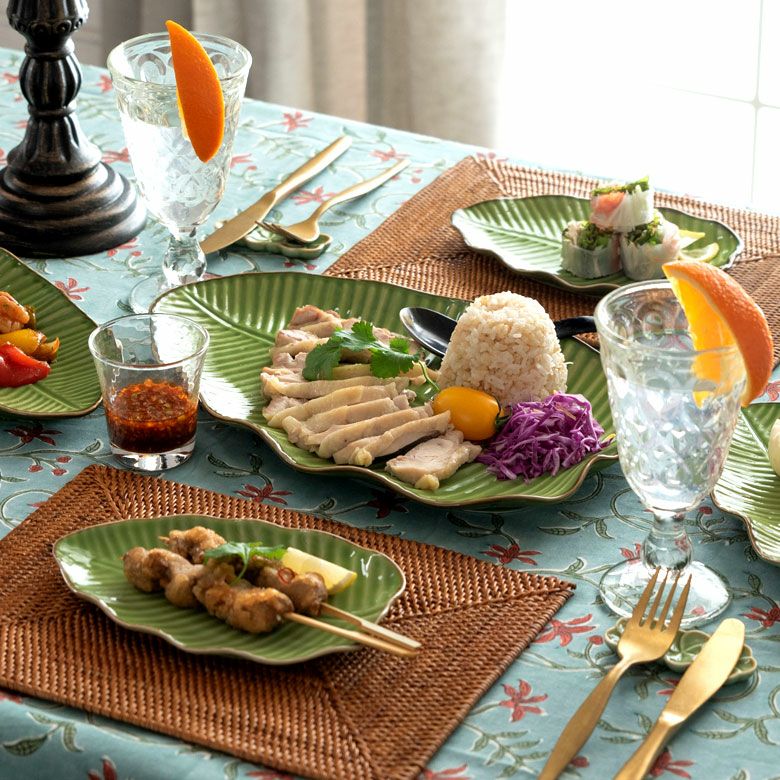 プレート バナナリーフ柄 Lサイズ 全長33.9cm グリーン 陶器製 食器