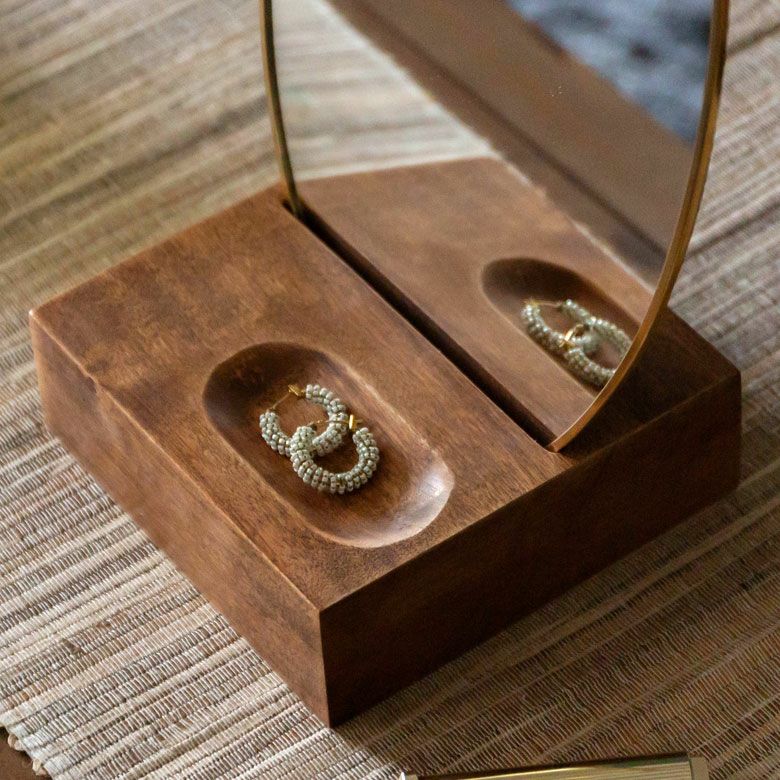 卓上ミラー オーバル型 真鍮フレーム 天然木台 角度調整対応 スタンド