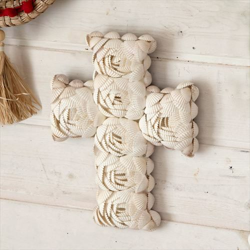 オーナメント クロスモチーフ 天然 シェル フック付き 幅16cm 高さ22cm