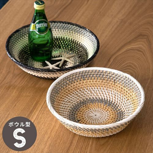 バリ島職人の幾何学編みが美しいラタンのバスケットトレイ 径約24.5cm