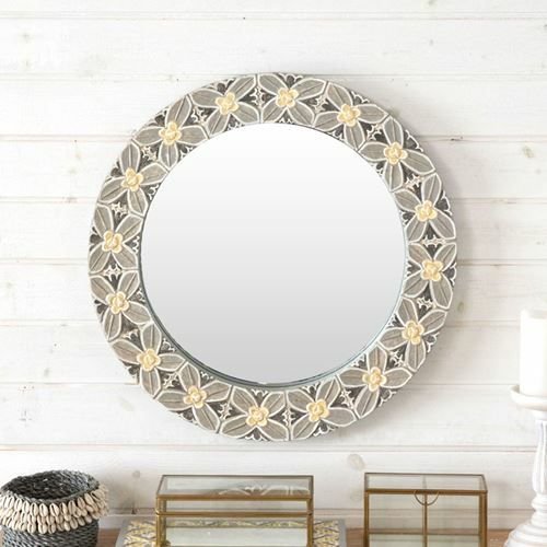 ラウンドミラー 木彫り風 花モチーフ 壁掛けミラー 径約52cm 3.6kg