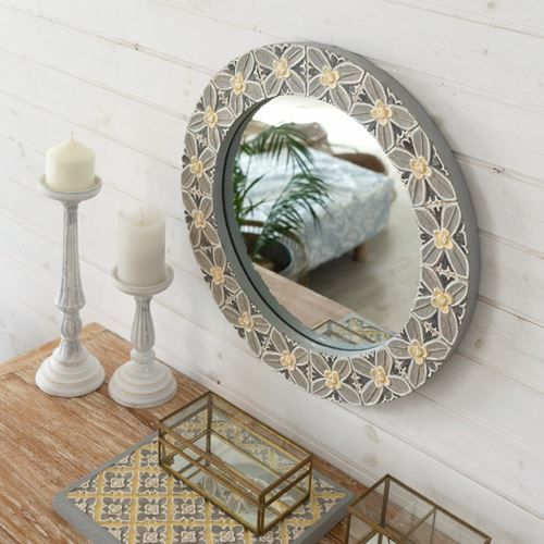 ラウンドミラー 木彫り風 花モチーフ 壁掛けミラー 径約52cm 3.6kg