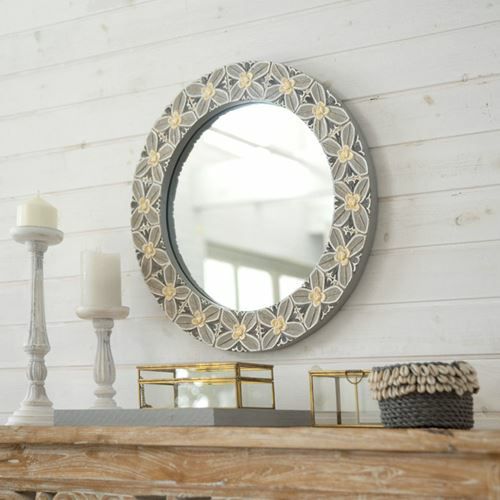 ラウンドミラー 木彫り風 花モチーフ 壁掛けミラー 径約52cm 3.6kg