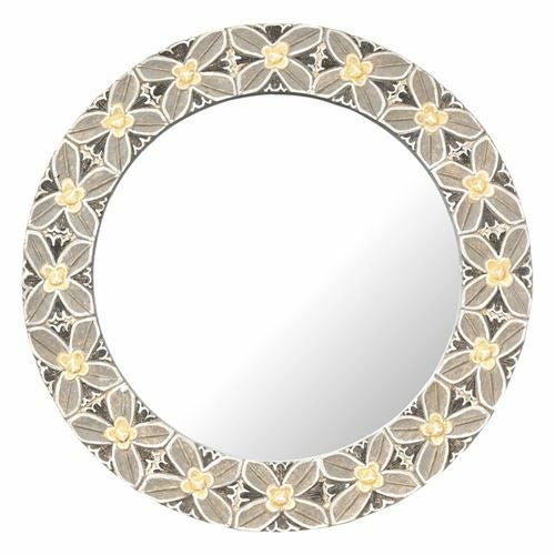 ラウンドミラー 木彫り風 花モチーフ 壁掛けミラー 径約52cm 3.6kg