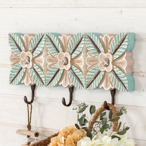 フック 壁掛け 3連フック 木彫り風 グリーンリーフ 約45.5cm×21cm