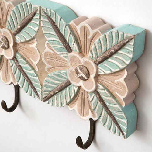 フック 壁掛け 3連フック 木彫り風 グリーンリーフ 約45.5cm×21cm