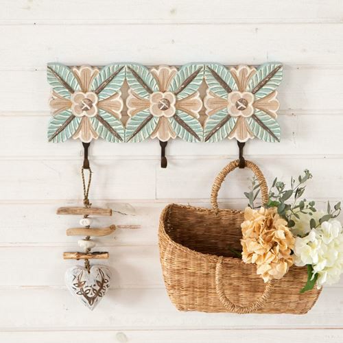 フック 壁掛け 3連フック 木彫り風 グリーンリーフ 約45.5cm×21cm