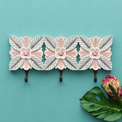 フック 壁掛け 3連フック 木彫り風 グリーンリーフ 約45.5cm×21cm