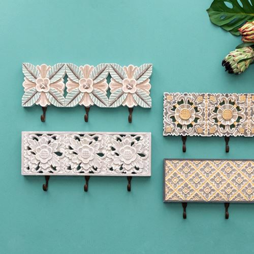 フック 壁掛け 3連フック 木彫り風 グリーンリーフ 約45.5cm×21cm