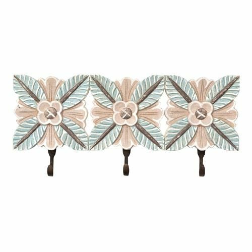 フック 壁掛け 3連フック 木彫り風 グリーンリーフ 約45.5cm×21cm