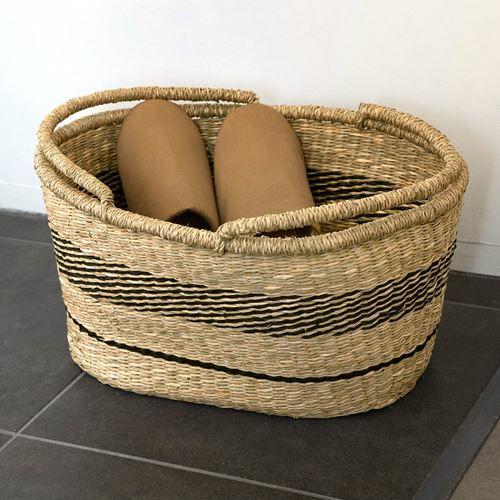 バスケット かご シーグラス製 オーバル型 ナチュラル×黒 ボーダー柄