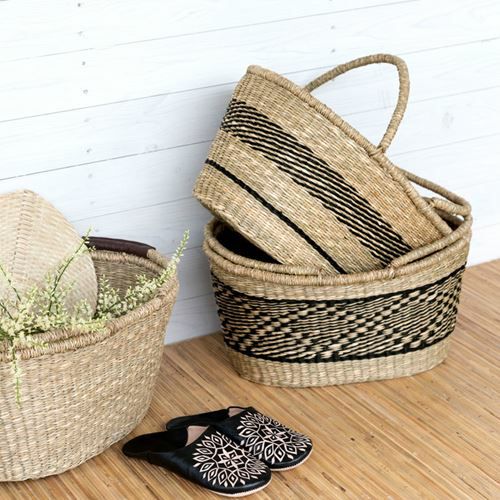 バスケット かご シーグラス製 シーグラス製 オーバル型 ナチュラル×黒