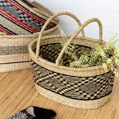 バスケット かご シーグラス製 シーグラス製 オーバル型 ナチュラル×黒