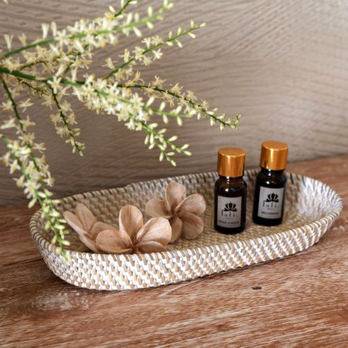 トレイ ラタン製 ホワイトウォッシュ 楕円形 約25×12cm 深さ3.5cm