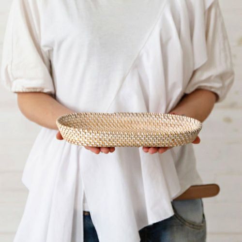 トレイ ラタン製 ホワイトウォッシュ 楕円形 約25×12cm 深さ3.5cm