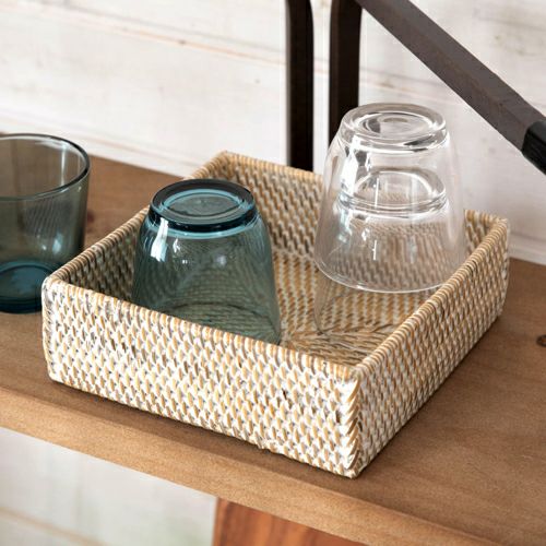 収納バスケット ラタン製 ホワイトウォッシュ 正方形 スクエア型 約