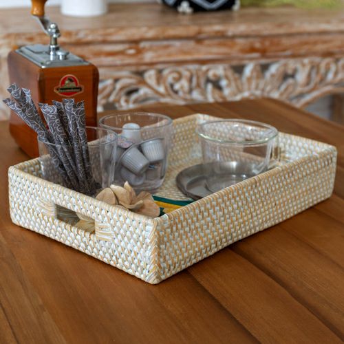 トレイ ラタン製 ホワイトウォッシュ 持ち手付き スクエア型 約30.5