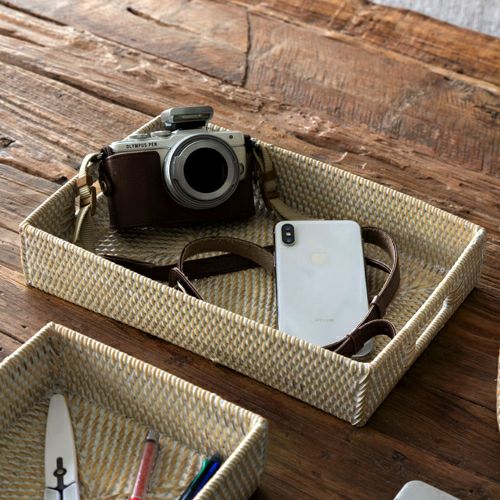 トレイ ラタン製 ホワイトウォッシュ 持ち手付き スクエア型 約30.5