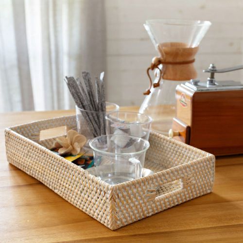 トレイ ラタン製 ホワイトウォッシュ 持ち手付き スクエア型 約30.5