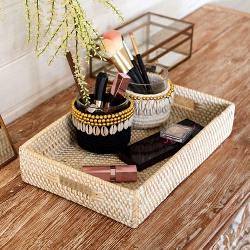 トレイ ラタン製 ホワイトウォッシュ 持ち手付き スクエア型 約30.5