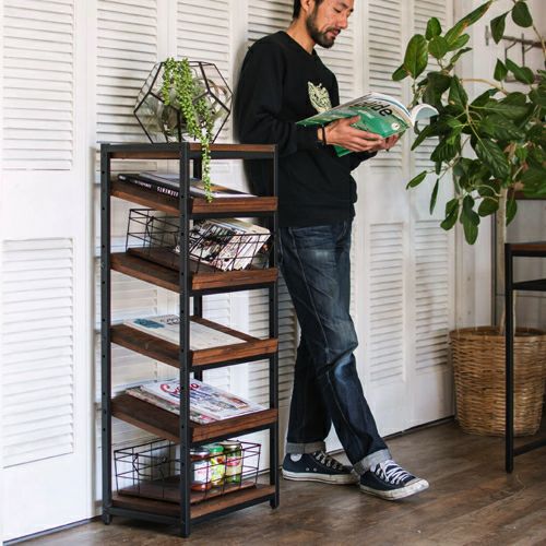 シューズラック 5段 木製 天然木 アイアンフレーム 幅45cm 高さ105cm