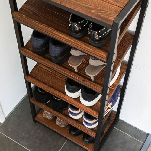 シューズラック 5段 木製 天然木 アイアンフレーム 幅45cm 高さ105cm