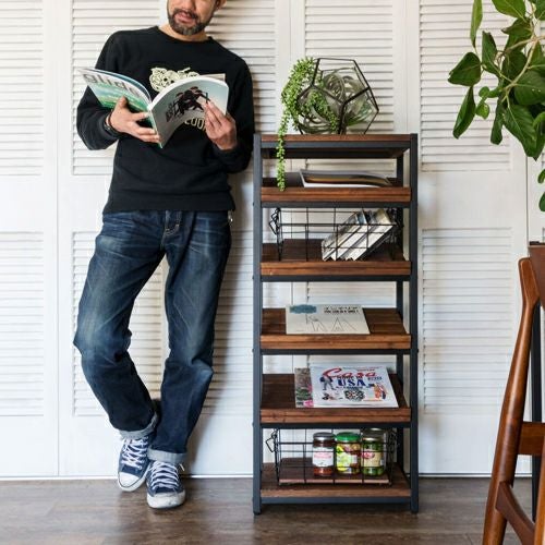 シューズラック 5段 木製 天然木 アイアンフレーム 幅45cm 高さ105cm