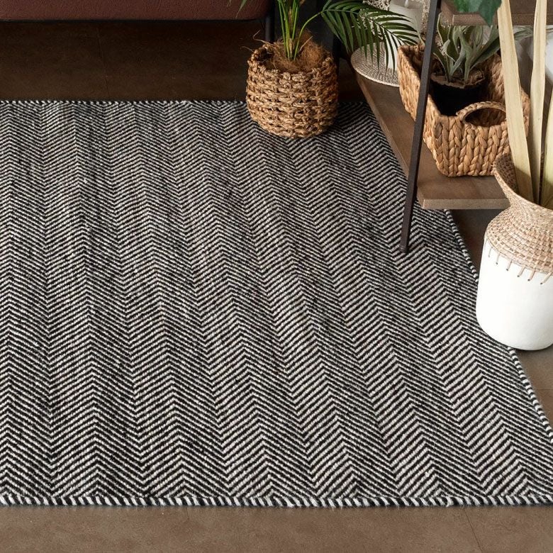 ラグ ラグマット 約140×200cm インド製 ウール コットン ブラック