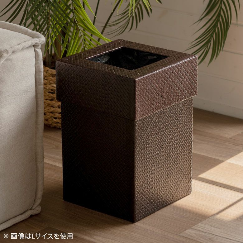 バリ島職人手編みパンダンゴミ箱2個セットM＋L 長方形 正方形 丸型