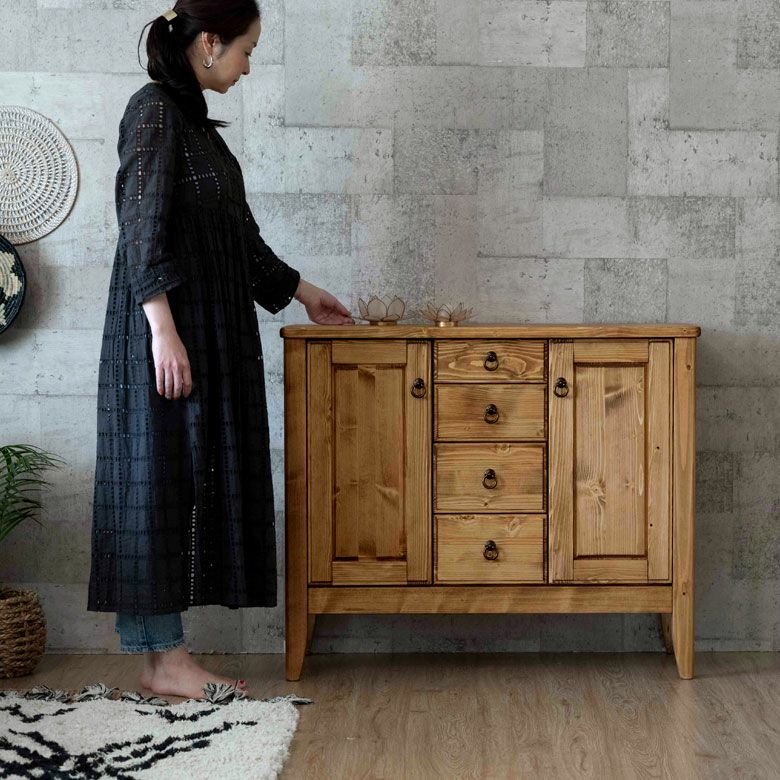 サイドボード 幅95 奥行40 高さ80 木製 引出し付き [91475]【 リビング