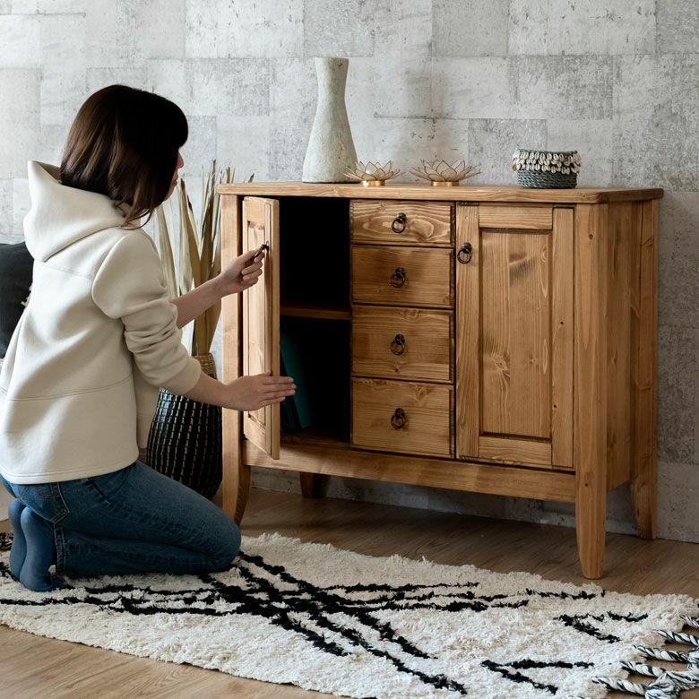 サイドボード 幅95 奥行40 高さ80 木製 引出し付き [91475]【 リビング