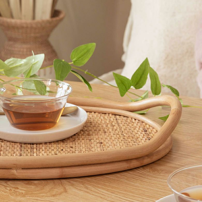 お盆 トレー Mサイズ 大きい オーバル ラタン 籐 約 W 39.5cm D 28cm H