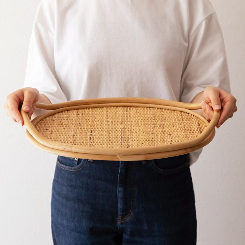 お盆 トレー Mサイズ 大きい オーバル ラタン 籐 約 W 39.5cm D 28cm H