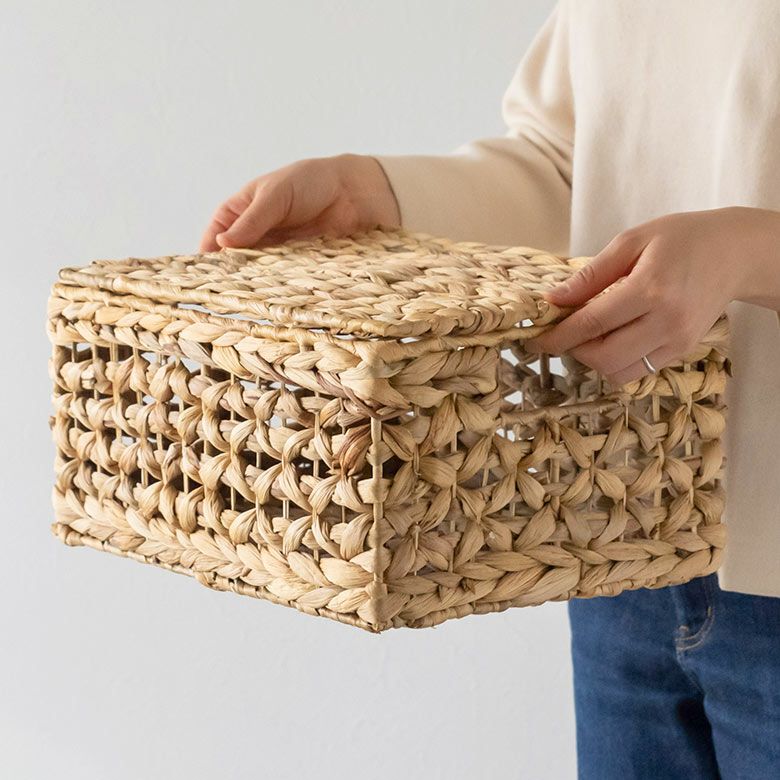 かご バスケット ウォーターヒヤシンス Mサイズ ふた付き 約 W 33cm D