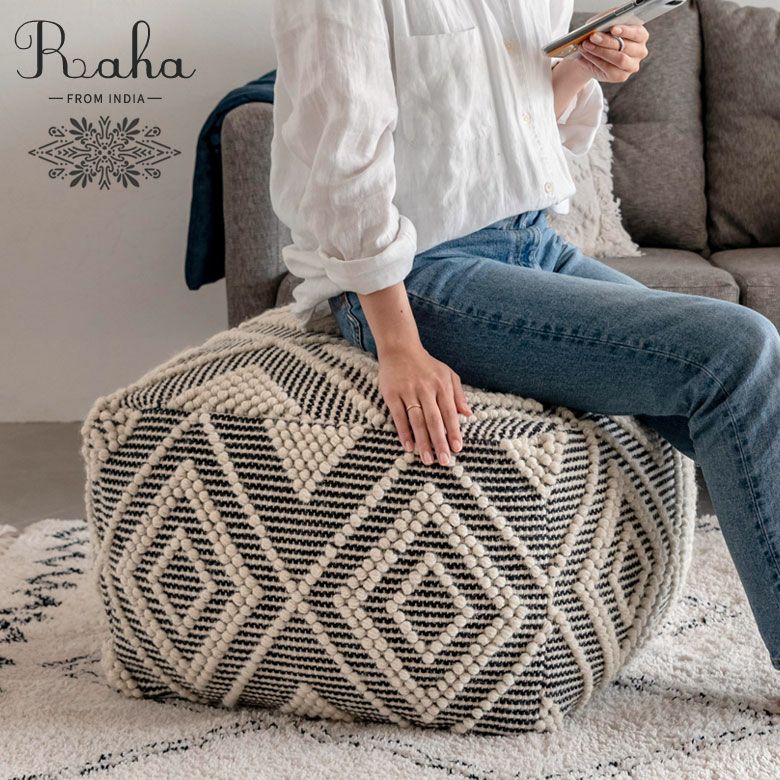 プフ クッション オットマン スツール ブラック 黒 W 55cm D 55cm H