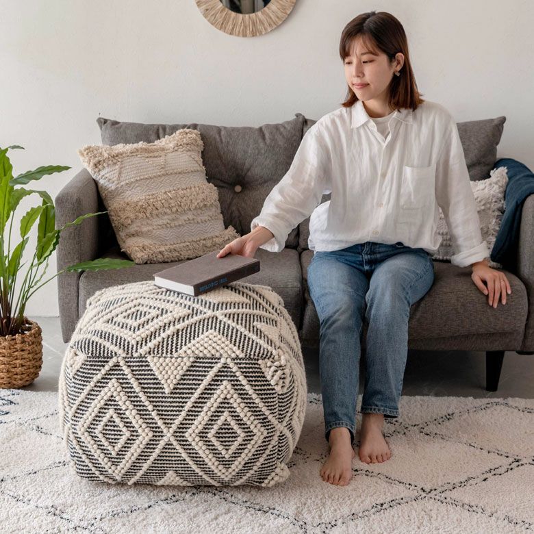 プフ クッション オットマン スツール ブラック 黒 W 55cm D 55cm H