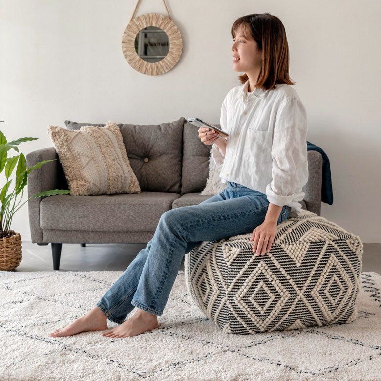 プフ クッション オットマン スツール ブラック 黒 W 55cm D 55cm H