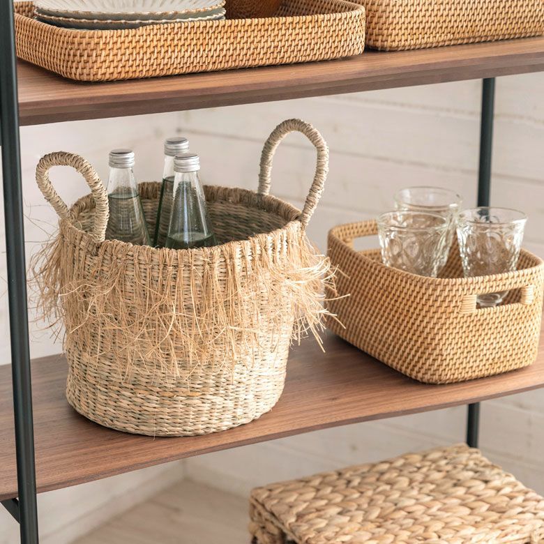 バスケット かご Mサイズ フリンジ シーグラス ラウンド W 25cm D 25cm