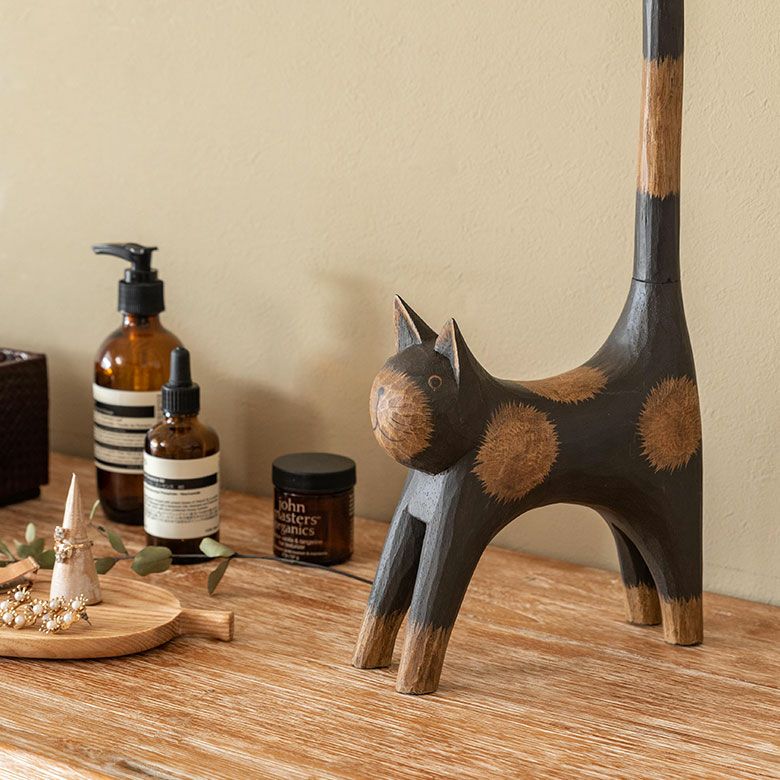 トイレットペーパーホルダー バリ ネコ 猫 置物 天然木 木彫り