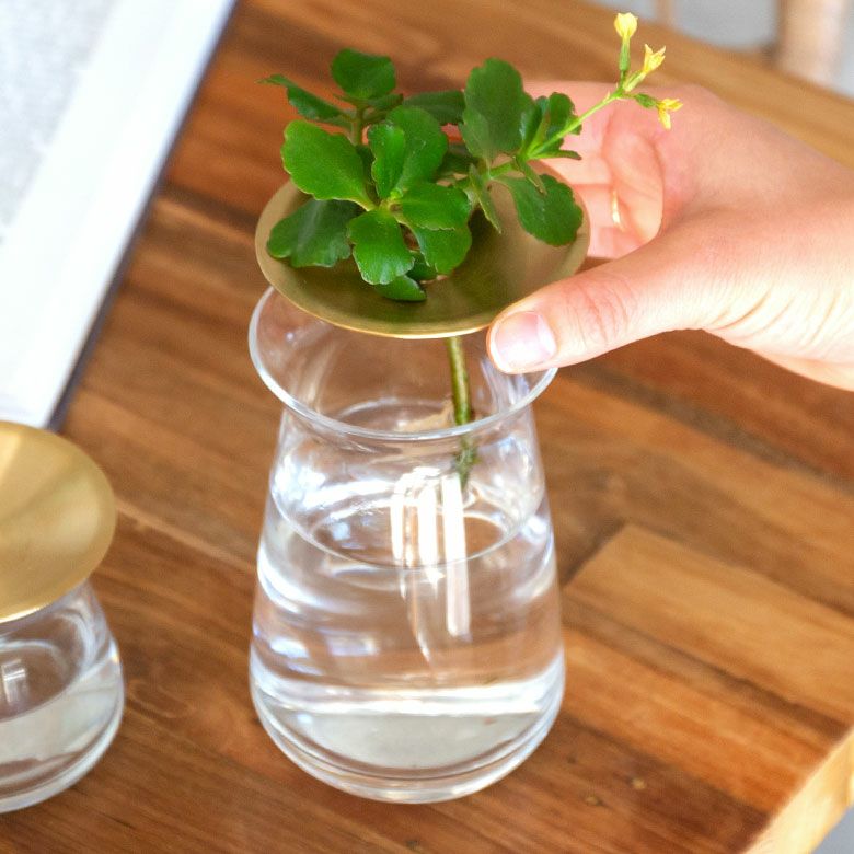 フラワーベース 一輪挿し ガラス 真鍮 クリア ブラウン 直径 8cm 高さ