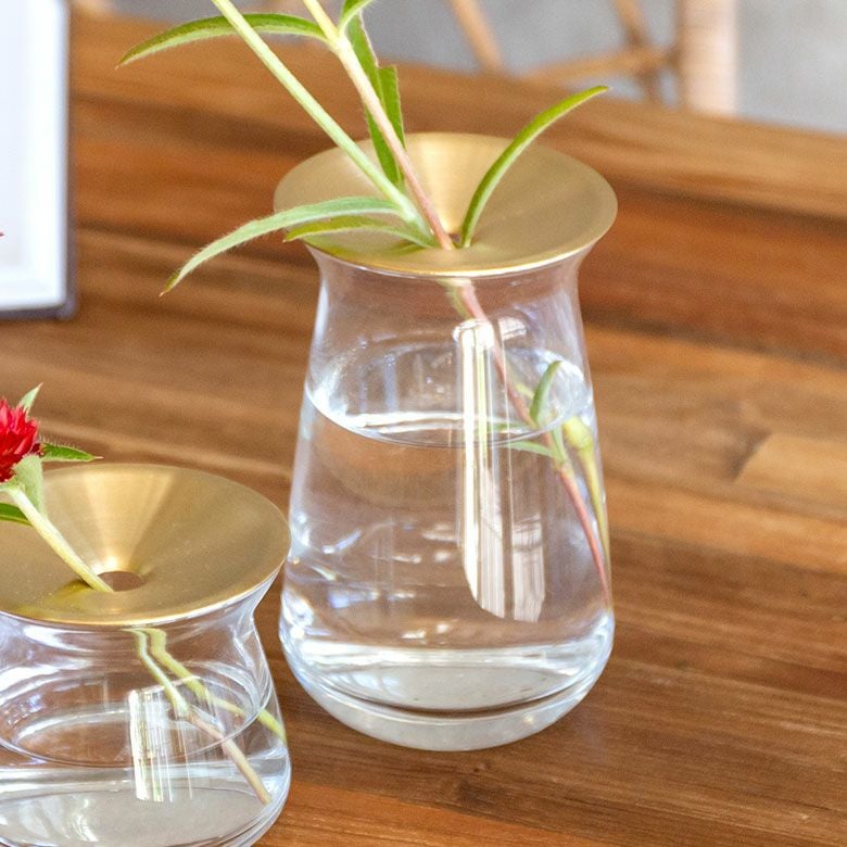 フラワーベース 一輪挿し ガラス 真鍮 クリア ブラウン 直径 8cm 高さ