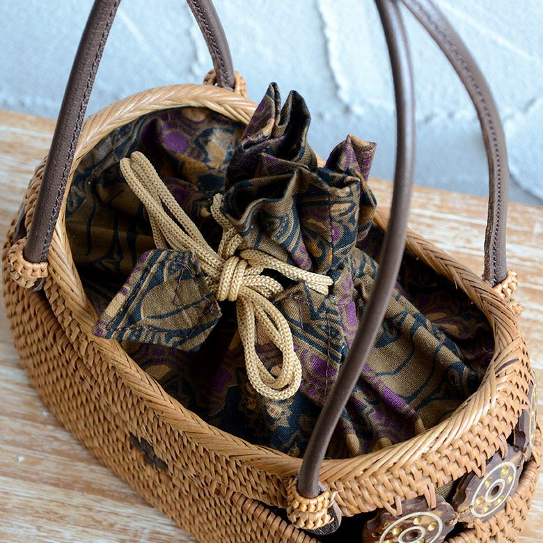 アタで編まれた アジアン かごバッグ[内袋付き](13270)【おしゃれ