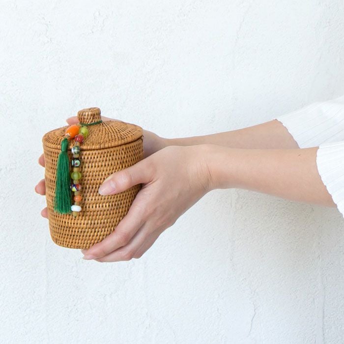 アジア工房オリジナルタッセル付き アタ製フタ付筒型スタンドケース