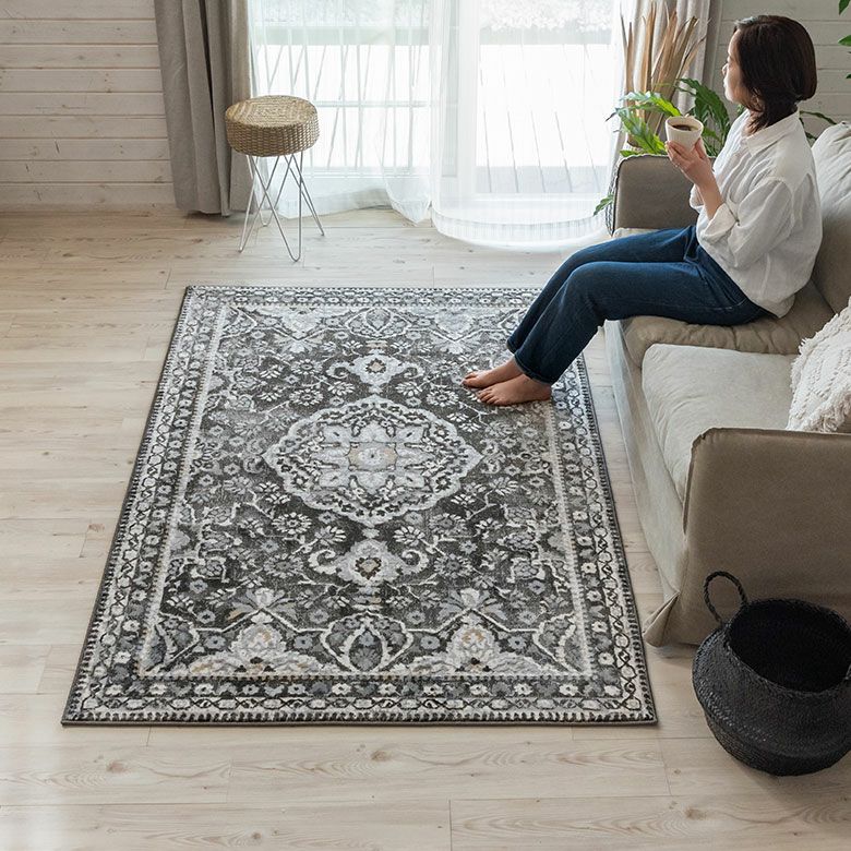 ペルシャ風メダリオンラグ 130×190cm ブラック&グレー ウィルトン織